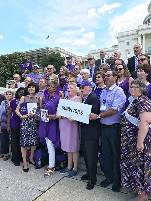 Over 100 pancreatic cancer survivors stand together on the steps of the U.S. Capitol for the 10th anniversary of Advocacy Day