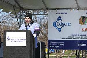 Pancreatic cancer survivor Matt Bencivenga speaking at this year’s PurpleStride Chicago in April 2014; Celgene was a gold sponsor of the event.