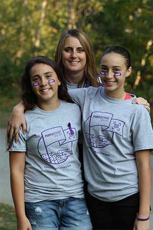 Nichole Velasquez, Boise Affiliate Media Relations Chair, with daughters Hannah and Julia at PurpleStride Boise 2015.