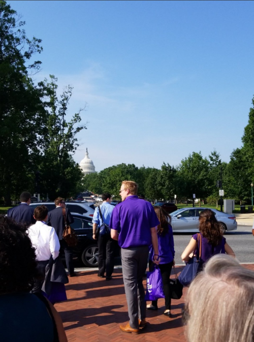 Advocates dressed in purple as they surge toward Capitol Hill.