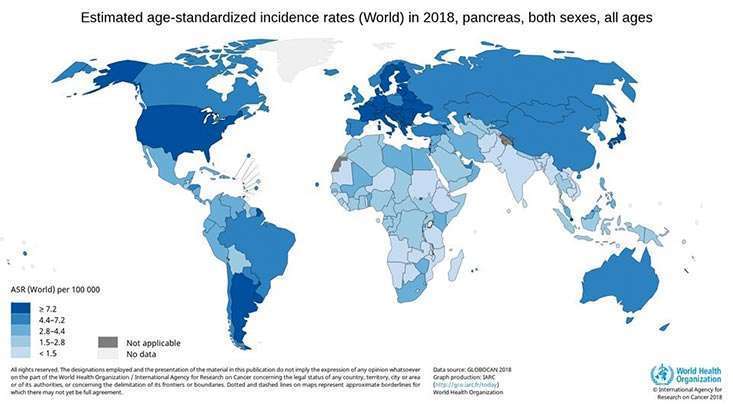 Color-coded map showing the estimated incidence rate of pancreatic cancer diagnoses worldwide.