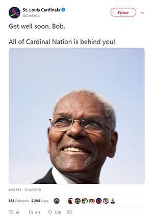The Cardinals tweeted out well wishes to former pitcher Bob Gibson, who has pancreatic cancer 