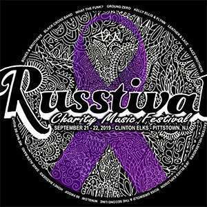 2019 Russtival music fest logo features a purple ribbon for pancreatic cancer awareness