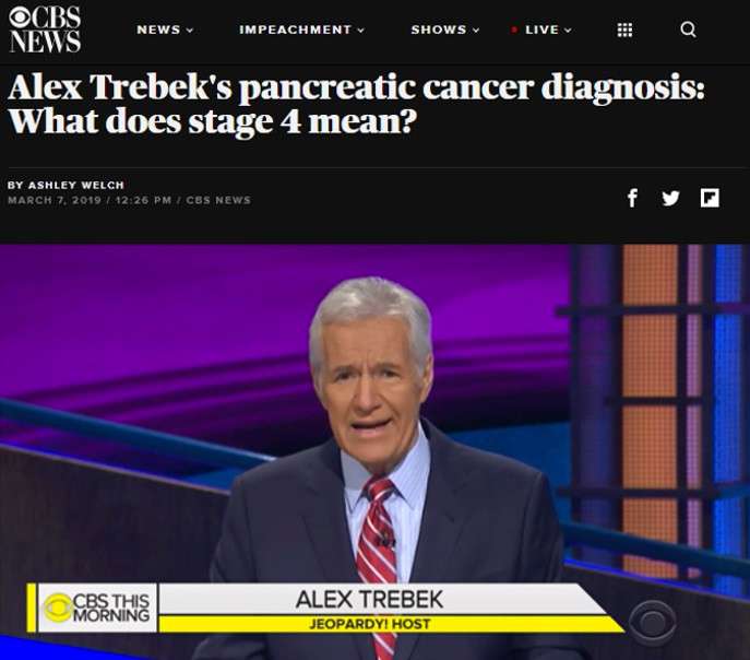 JEOPARDY! host Alex Trebek announcing pancreatic cancer diagnosis pictured in CBS News report