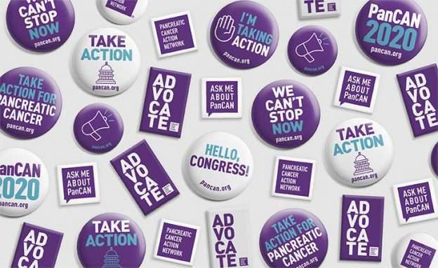Feature image Campaign pins for PanCAN’s virtual Advocacy Week to increase pancreatic cancer research funding