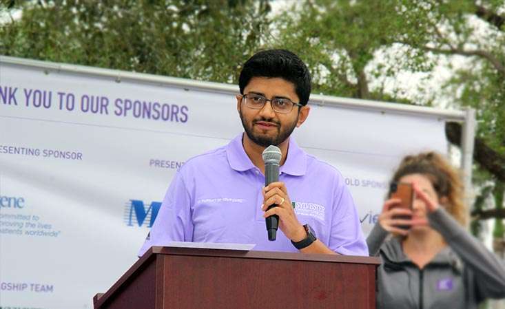 Dr. Jashodeep Datta, Assistant Professor of Surgery at University of Miami School of Medicine, Sylvester Comprehensive Cancer Center, speaks at PanCAN's PurpleStride Broward-Palm Beach in 2019.