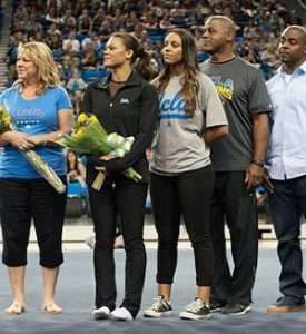 Family of five celebrate daughter’s success at UCLA Gymnastic Team event.