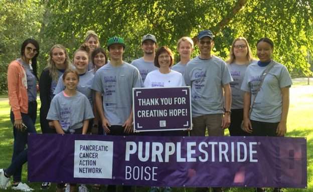 Feature image Diane Schooley-Pettis at PanCAN PurpleStride Boise in 2019 with students from Boise State University, where she is a professor