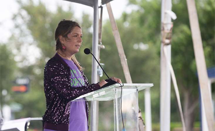 Feature image Survivor Allison Kuban speaking at PanCAN PurpleStride Houston