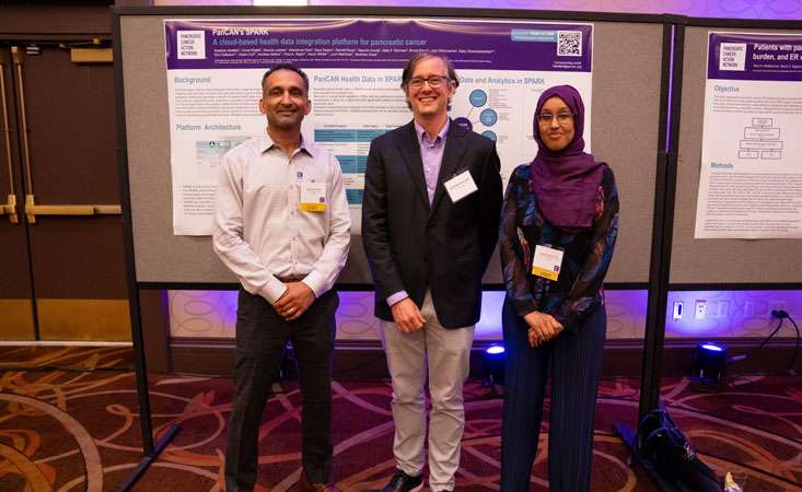 Feature image Two men and a woman stand in front of a poster at an annual scientific conference. (L-R) Sudheer Doss, PhD; Jack DiGiovanna, PhD; and Kawther Abdilleh, PhD.