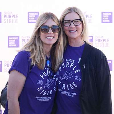 Shawna Landon (L), and Leslie Landon Matthews (R) posing for a photo at PanCAN PurpleStride Los Angeles 2024.