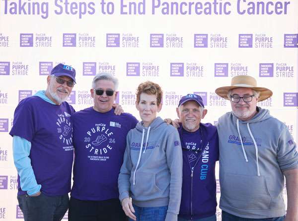 PanCAN PurpleStride team “Trek Against Pancreatic Cancer” standing in front of a PurpleStride-branded step-and-repeat. From left to right, Jonathan Frakes, Juan Carlos Coto, Kitty Swink, Armin Shimerman and John Billingsley.